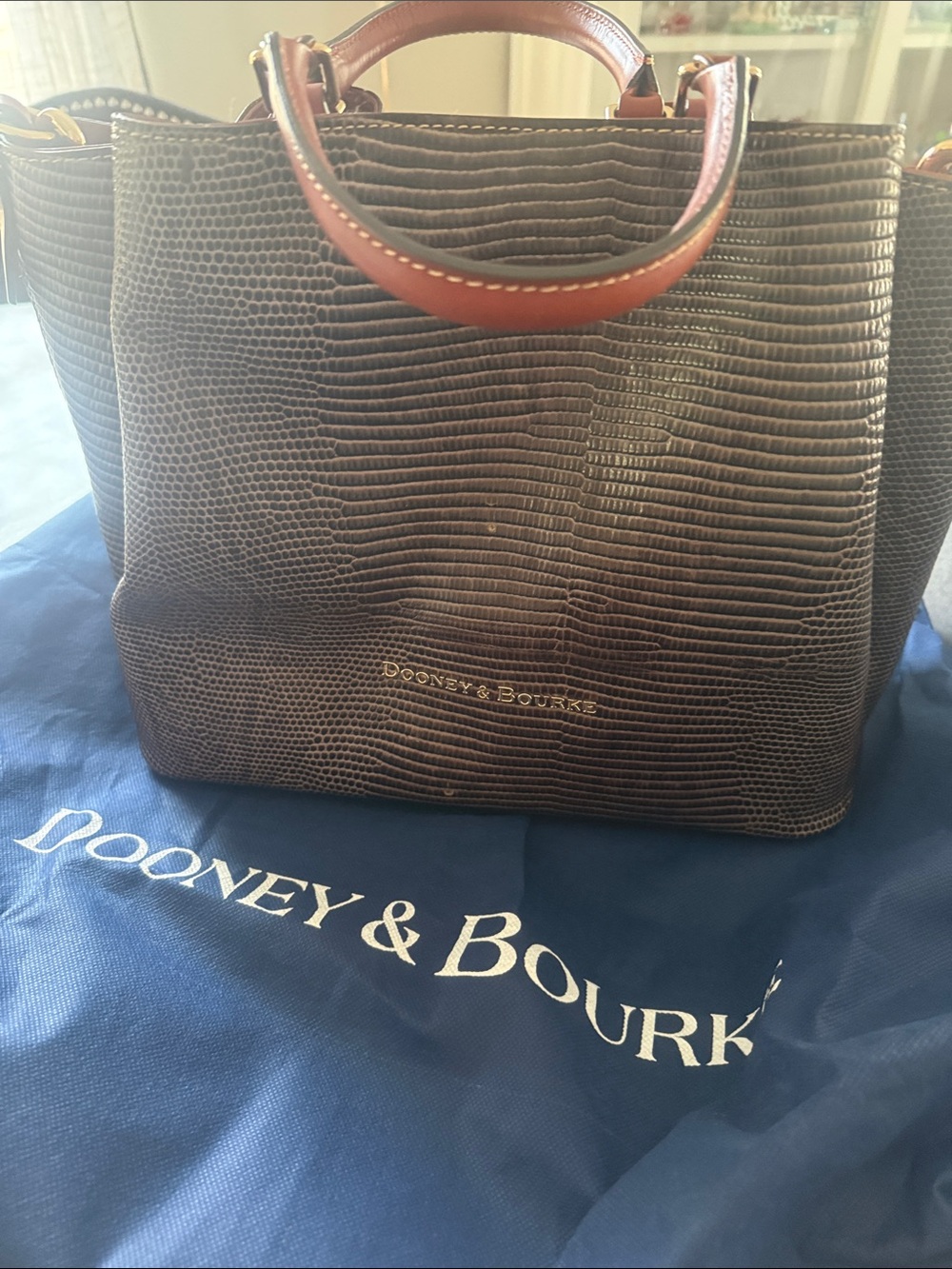Dooney & Bourke Brown Lizard-Embossed Tote with Tan Handles